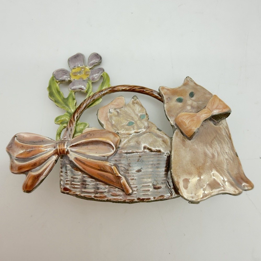 Vintage KC Kenneth Cole Cat Pin Brooch Enamel Basket Floral